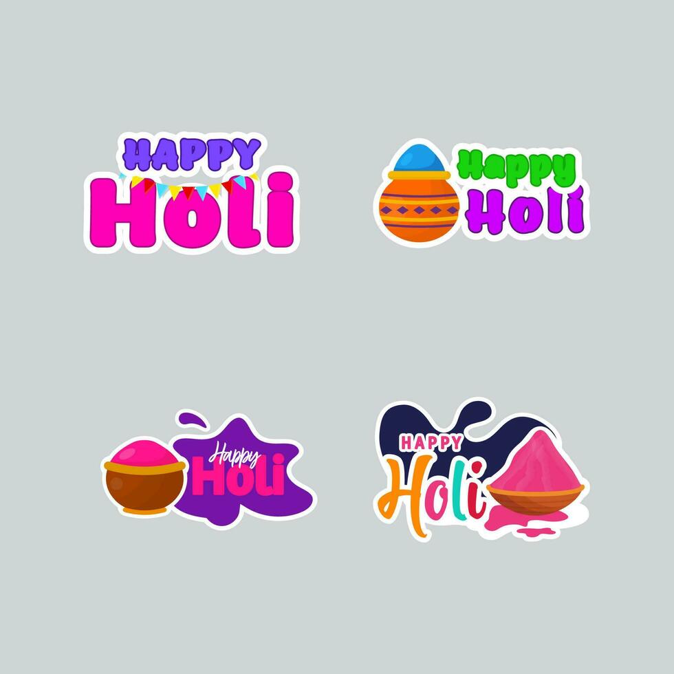 Holi Festival Sticker Collection On Gray Background. vector