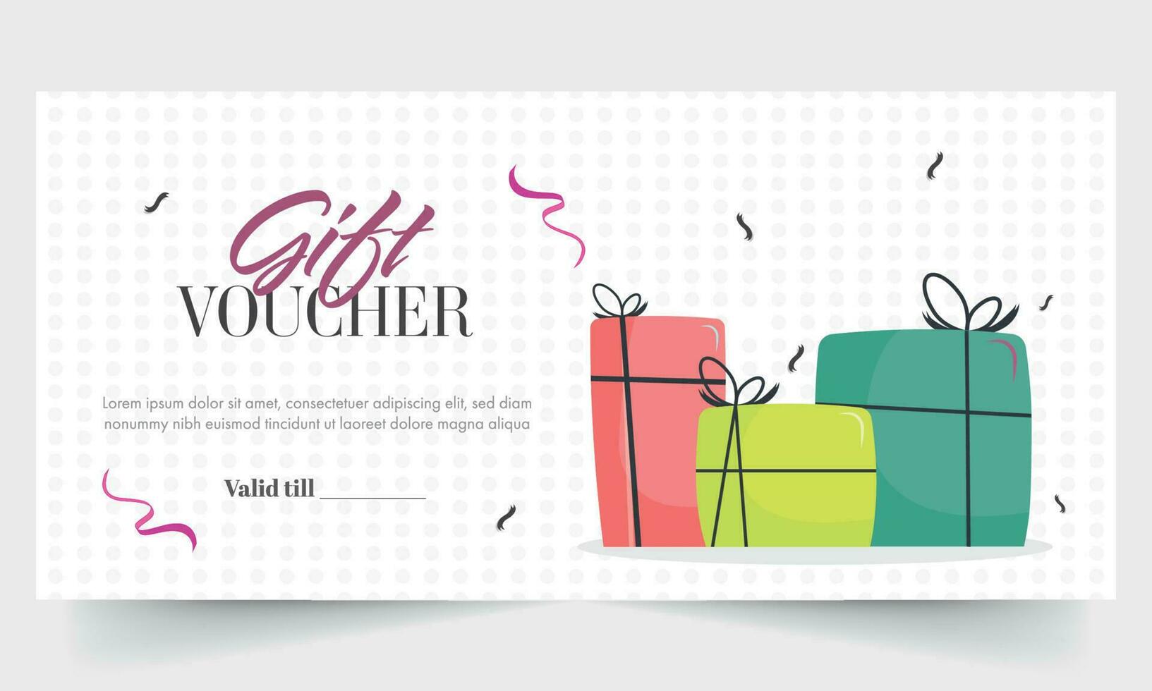 Gift Voucher Banner Or Template Design With Gift Boxes, Confetti On White Polka Dots Background. vector