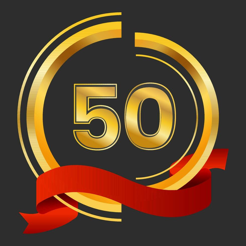 Golden 50th Emblem Logo With Red Ribbon On Black Background. vector