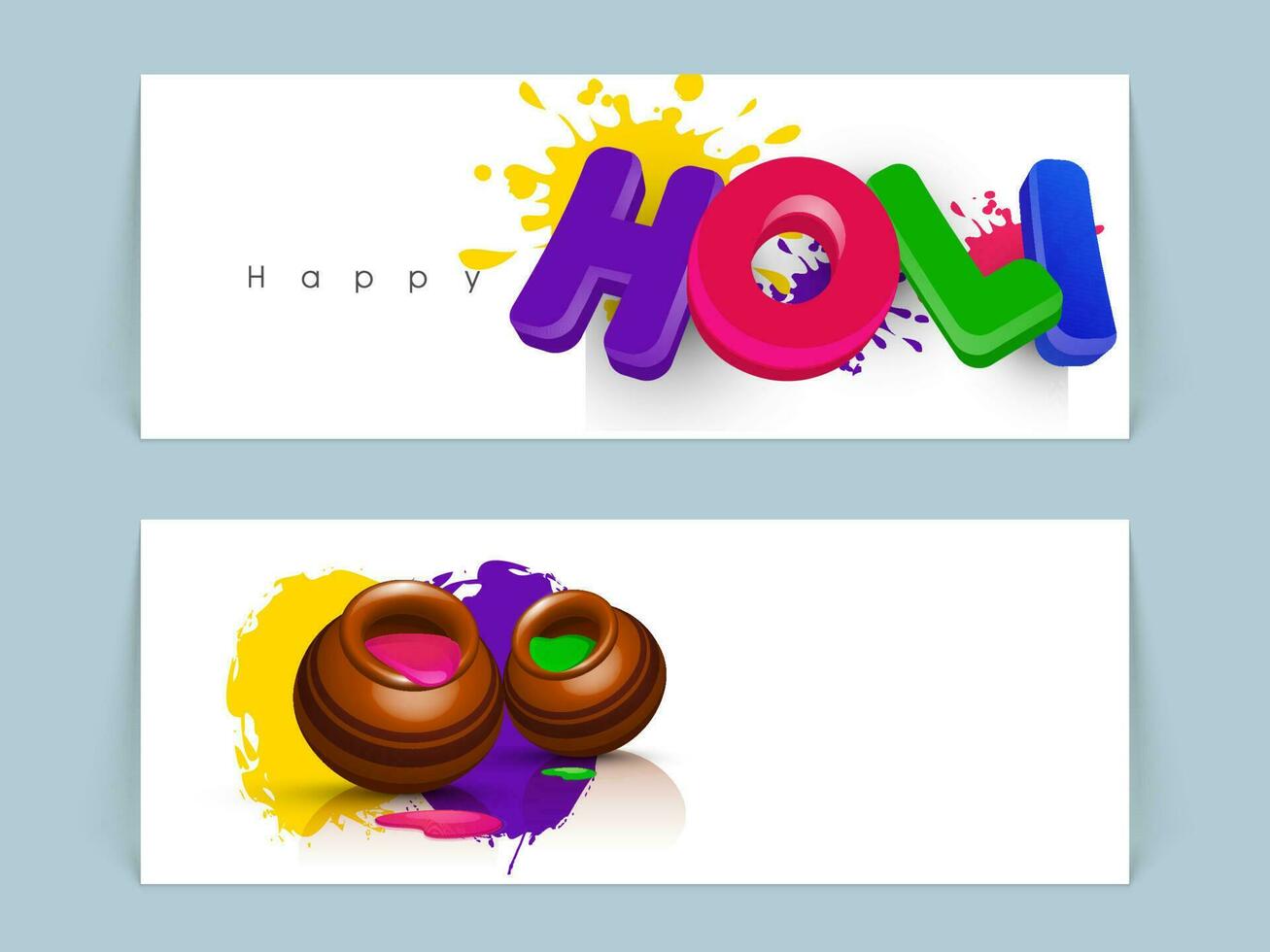 3D Colorful Holi Font With Mud Pot Full Of Liquid Colors And Splatter Effect On White Background. Set Of Indian Festival Of Colours Banner Or Header Design. vector