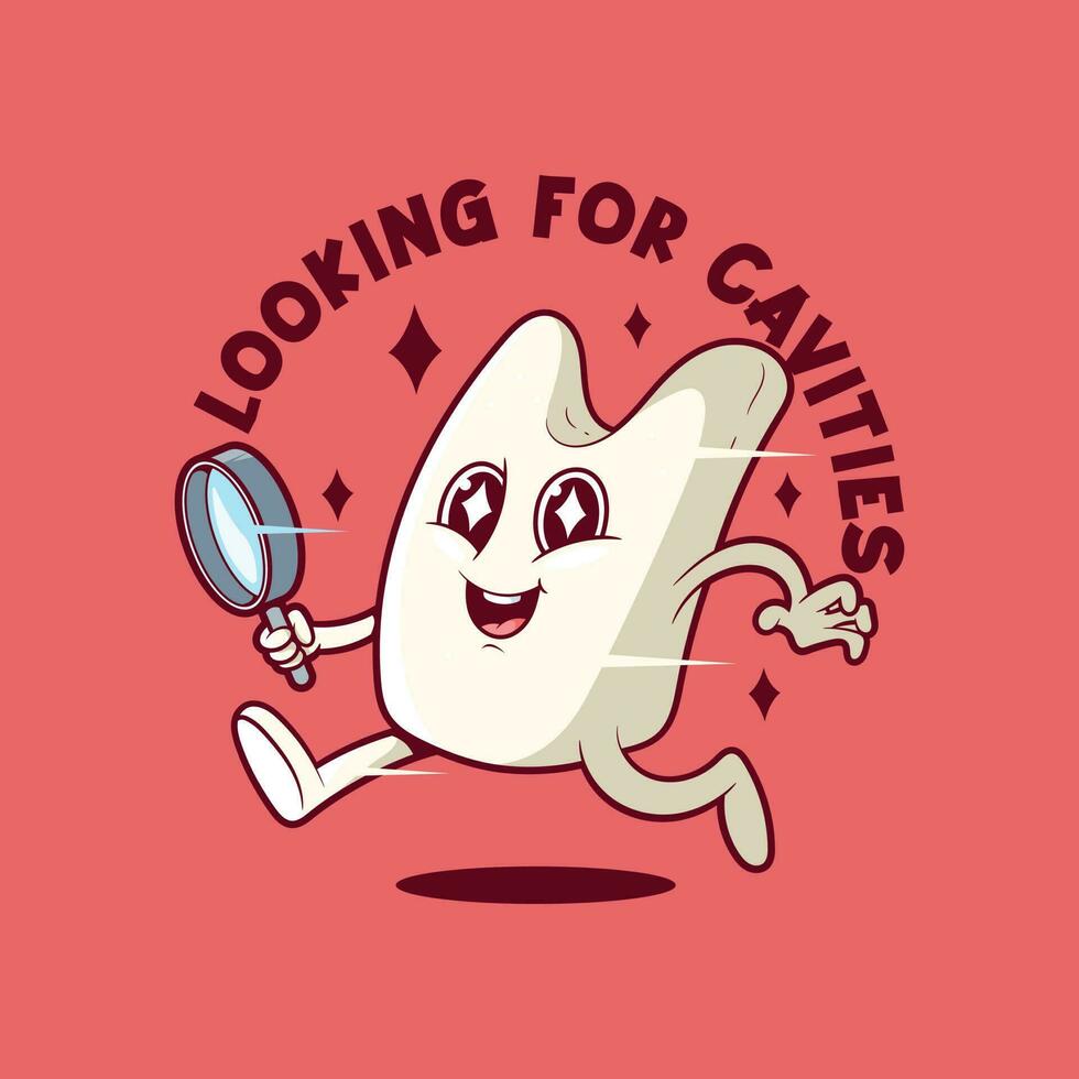 Tooth character with magnifying glass looking for cavities vector illustration. Funny, healthy design concept.