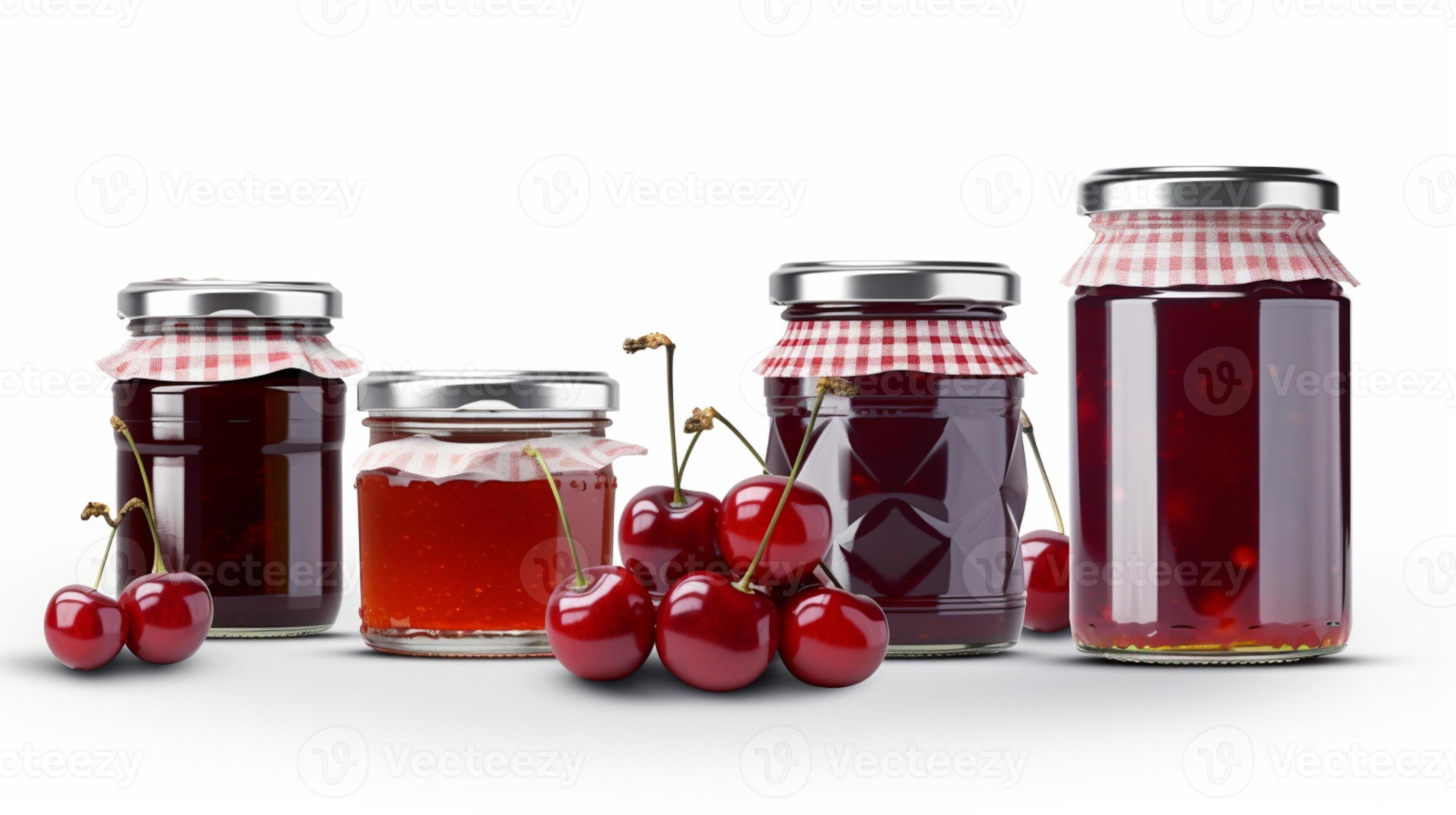 Cherry jam with juicy cherries Jars on white background with 23294317