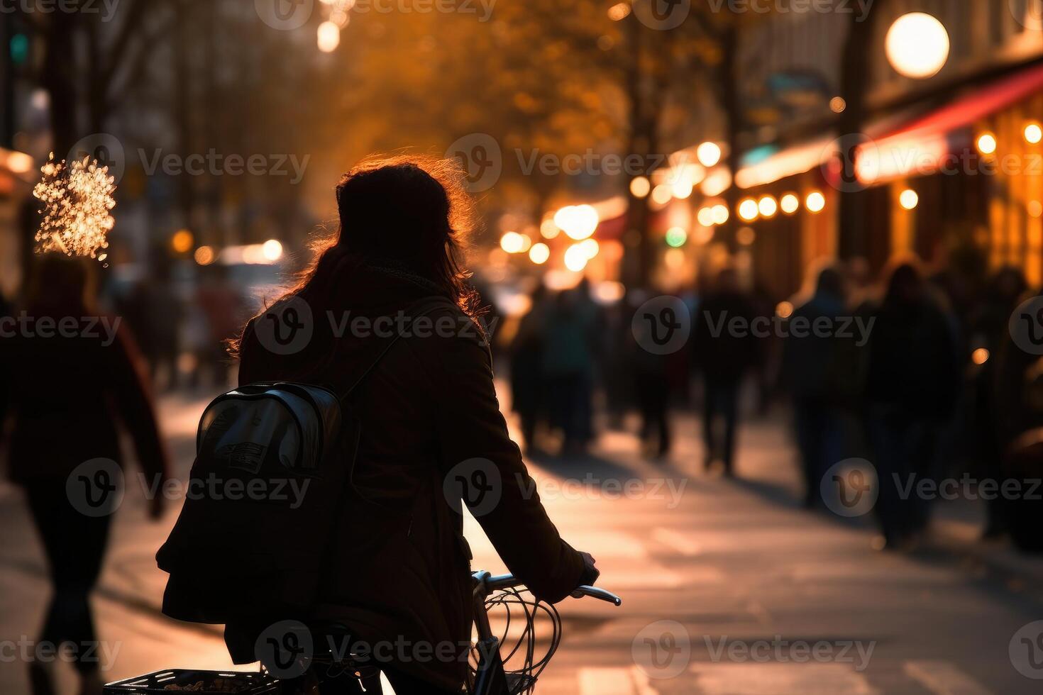 Photo of a person riding a bike in the city crowd under the lights at night in the city, and among the crowds of people. .