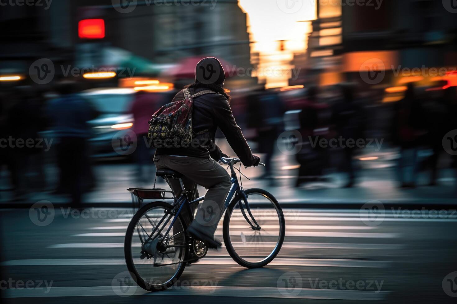 Photo of a person riding a bike in the city crowd under the lights at night in the city, and among the crowds of people. .