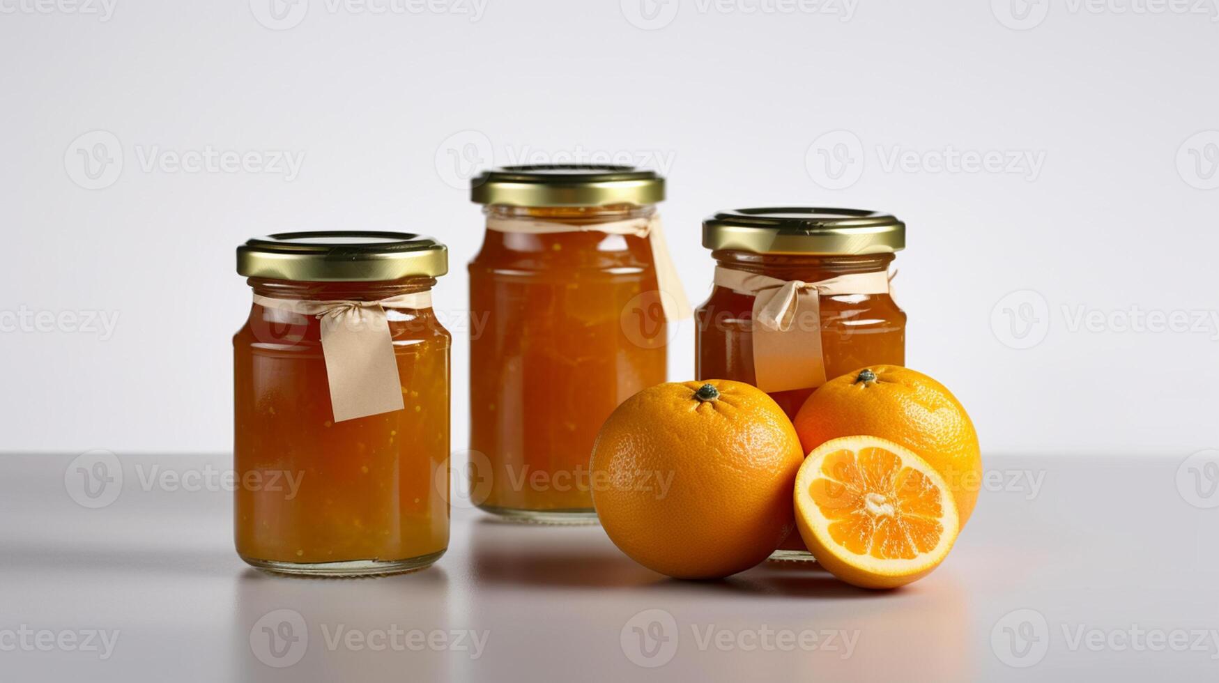 Orange Marmalade jam with oranges Jars on white background with photo