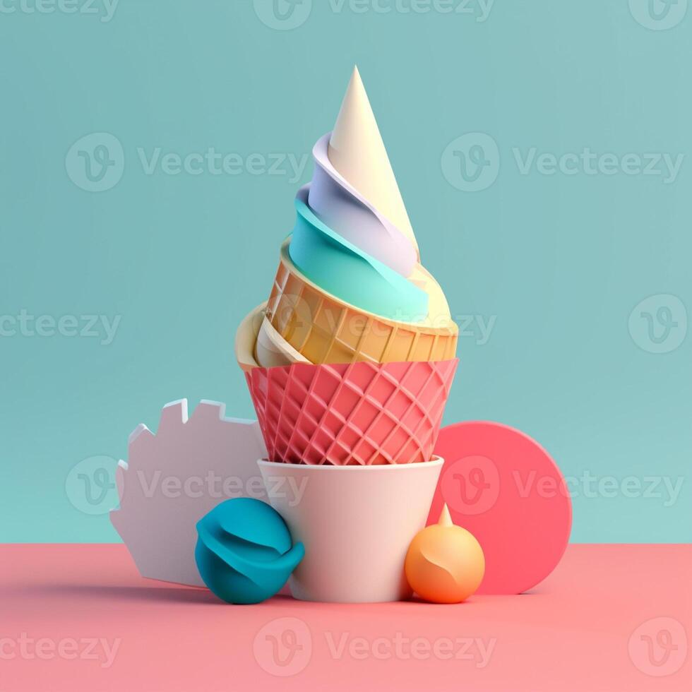 Ice cream cone with geometric objects in summer concept in trending color palette for advertising with photo