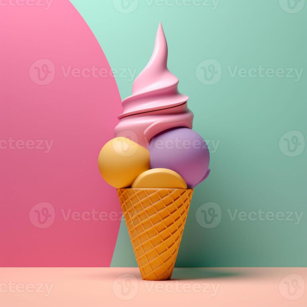 Ice cream cone with geometric objects in summer concept in trending color palette for advertising with photo