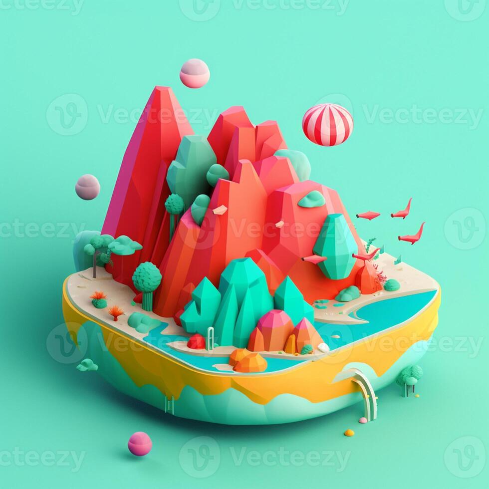 An island in the sea in an isometric view in trending color palette for advertising with photo