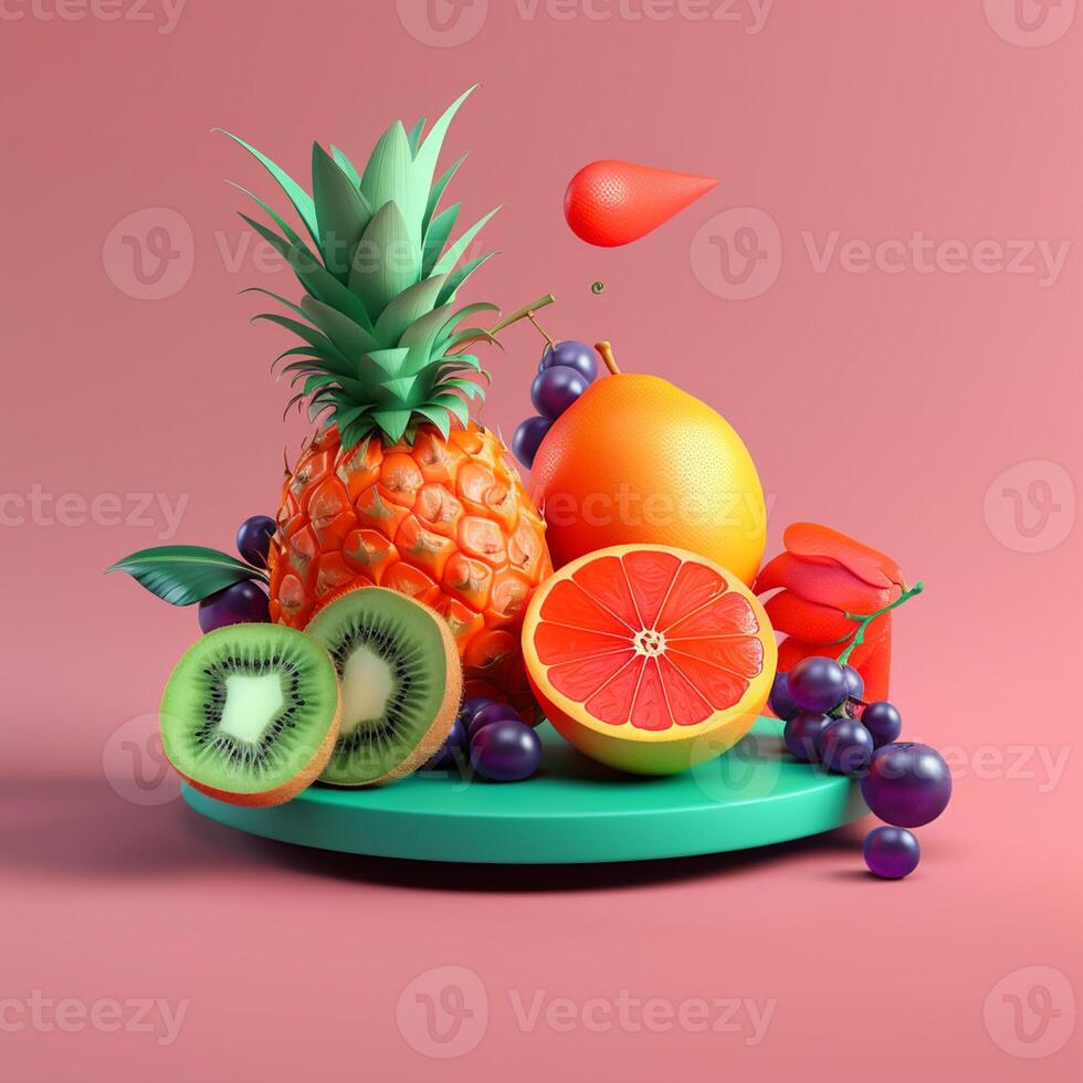 Various fruits with geometric objects in summer concept in trending color palette for advertising with photo