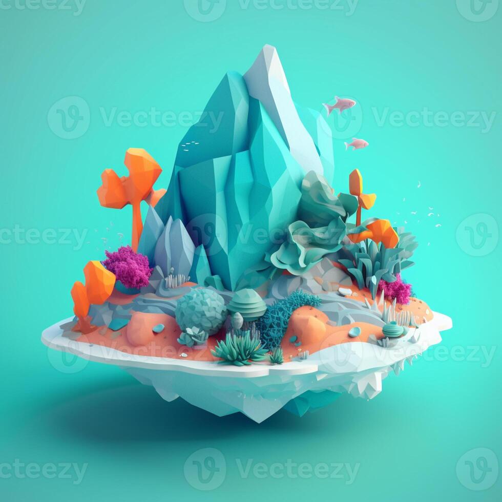An island in the sea in an isometric view in trending color palette for advertising with photo
