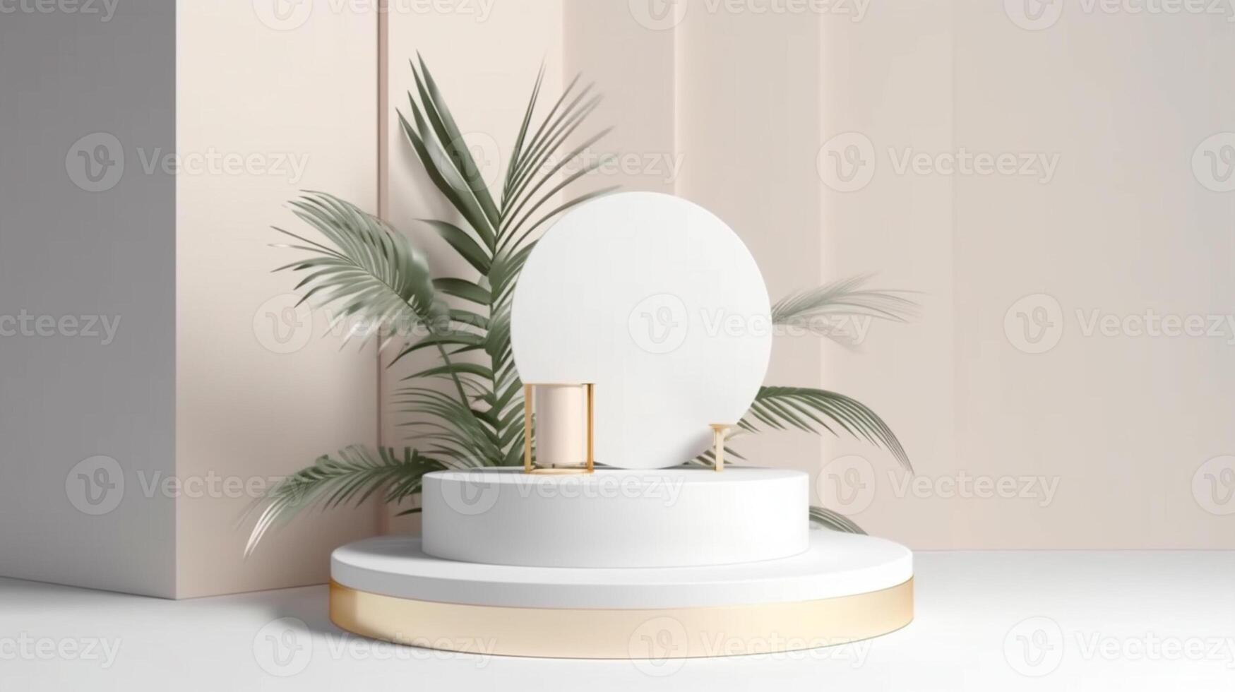 Square shape marble with golden palm leaves product display podium with photo