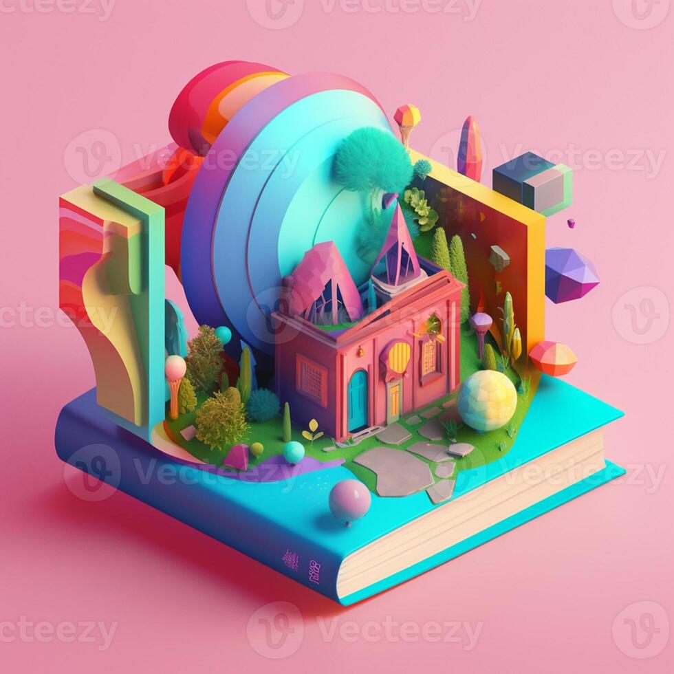 books and imagination in trending color palette for advertising with photo