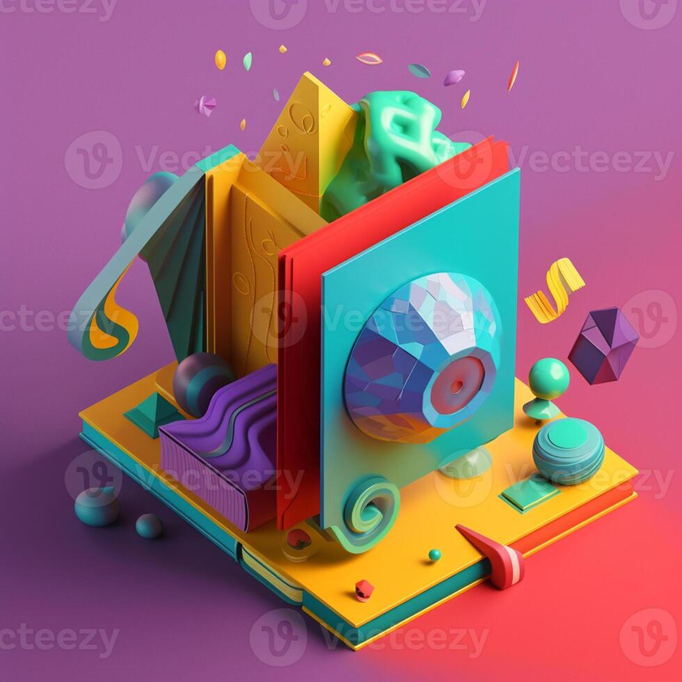 books and imagination in trending color palette for advertising with photo