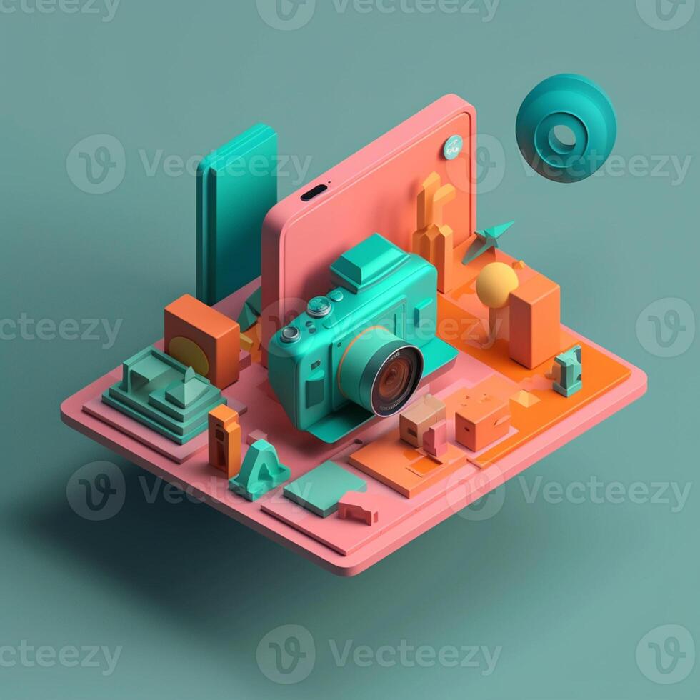 Camera and geometric objects in trending color palette for advertising with photo