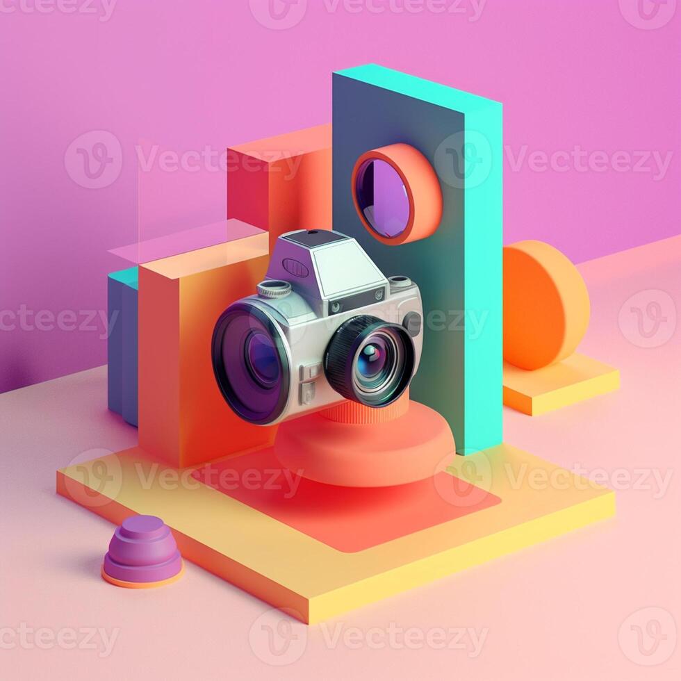 Camera and geometric objects in trending color palette for advertising with photo