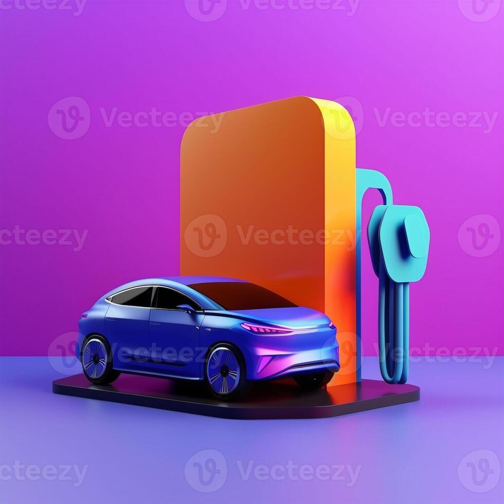 Electric vehicles and charging stations in trending color palette for advertising with photo