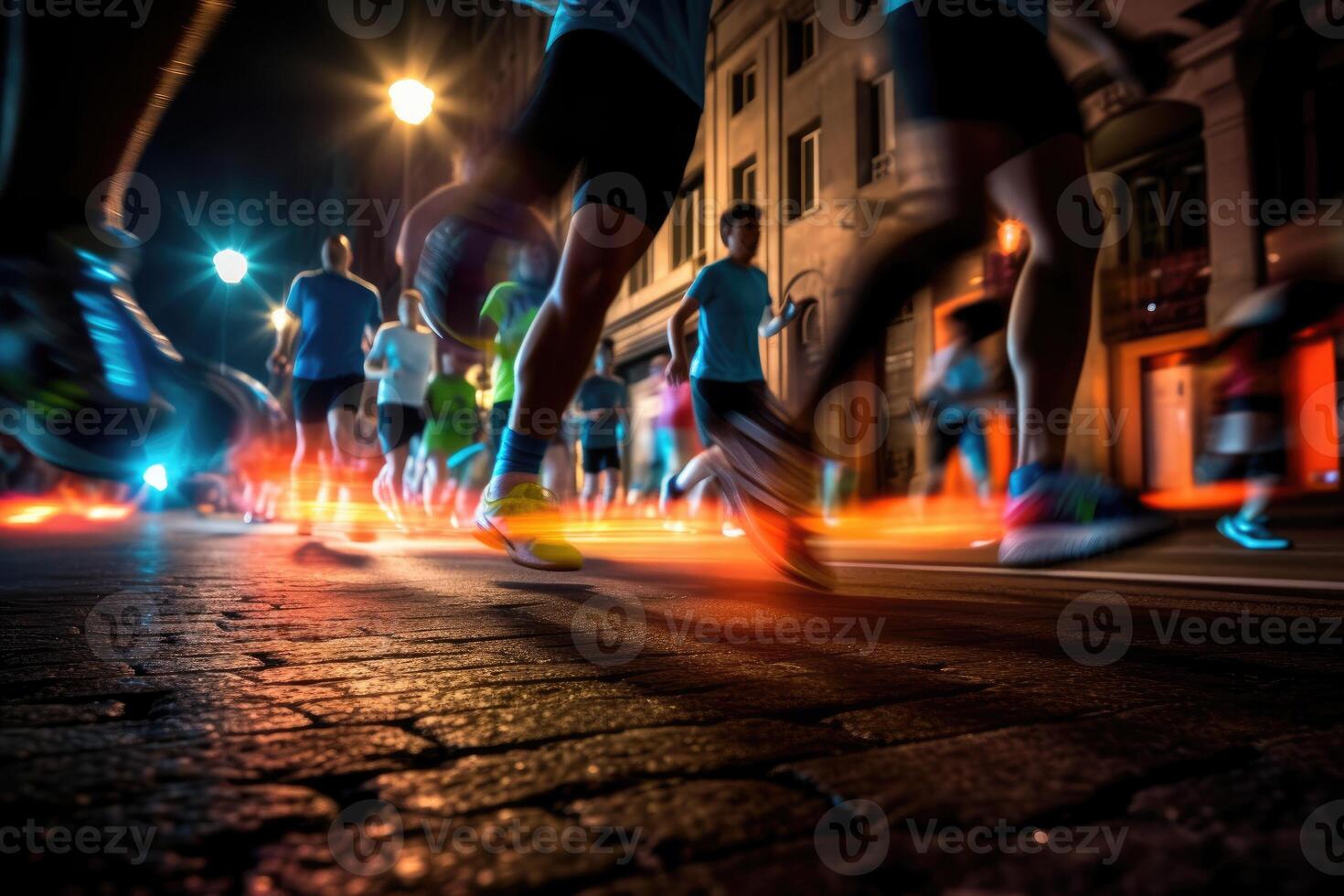 Photo of an athletes jogging in front of bokeh lights at night in the city.