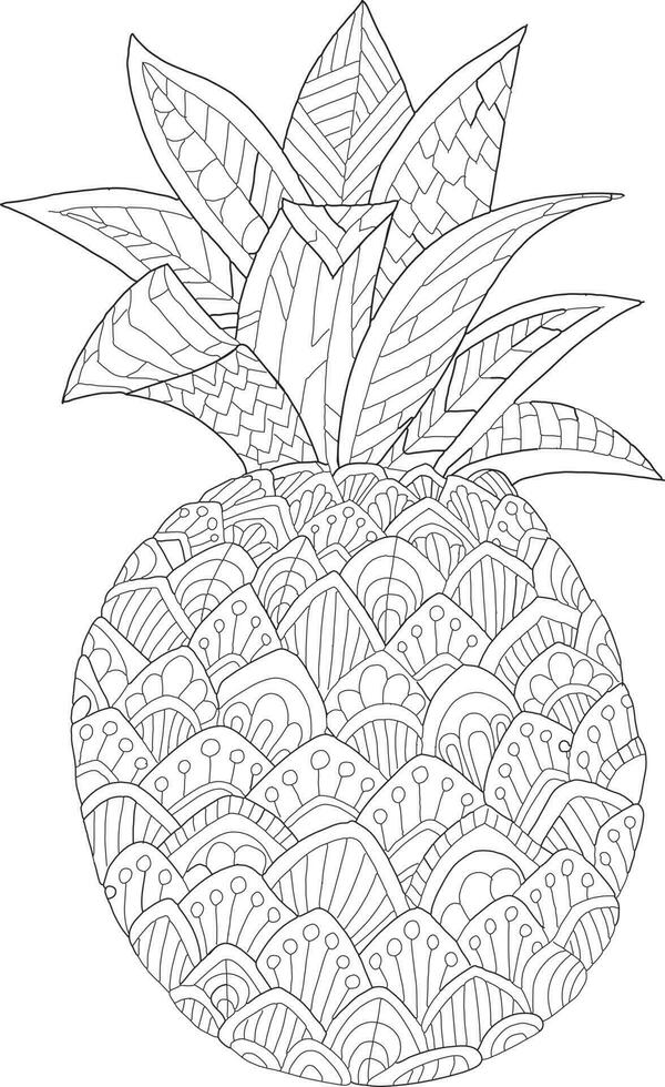 Hand drawing coloring for kids and adults. Beautiful drawings with patterns and small details. Coloring pictures with pineapple, fruit. Vector