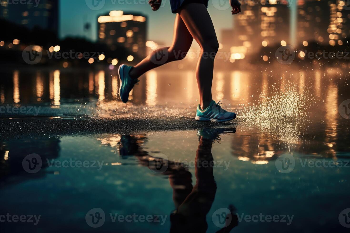 Photo of an athlete jogging in front of bokeh lights at night in the city.