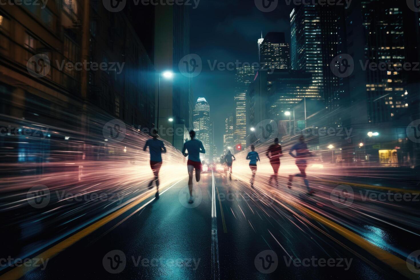 Photo of an athletes jogging in front of bokeh lights at night in the city.