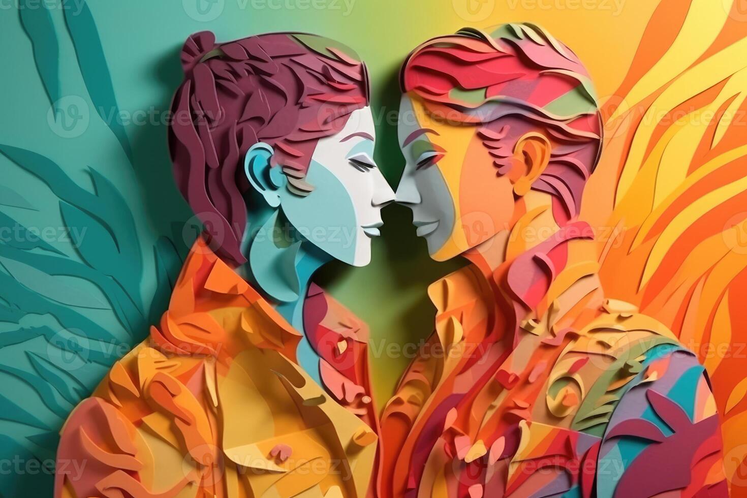Lesbian couple hugging each other, illustration in paper art style for pride month. photo