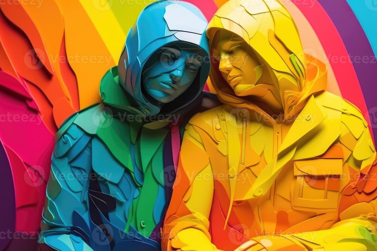 Gay men hugging each other, illustration in paper art style for pride month. photo