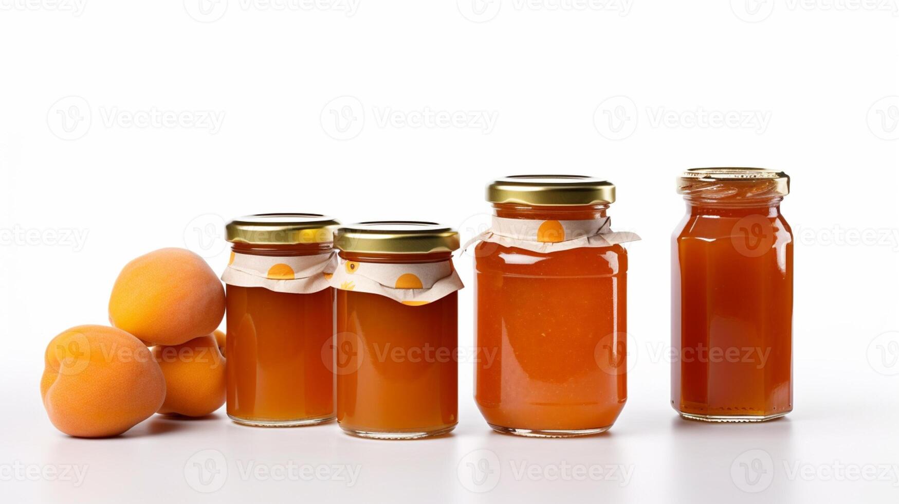 Apricot jam with sliced bread Jars on white background with photo