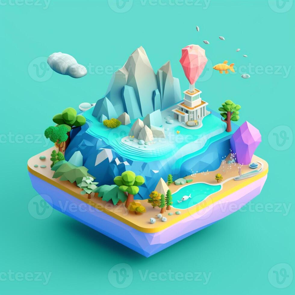 An island in the sea in an isometric view in trending color palette for advertising with photo
