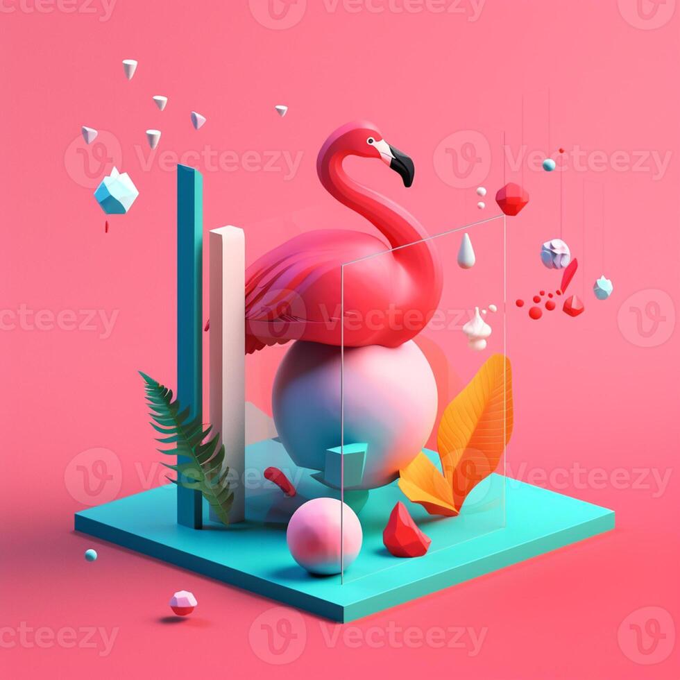 Flamingo with geometric objects in summer concept in trending color palette for advertising with photo