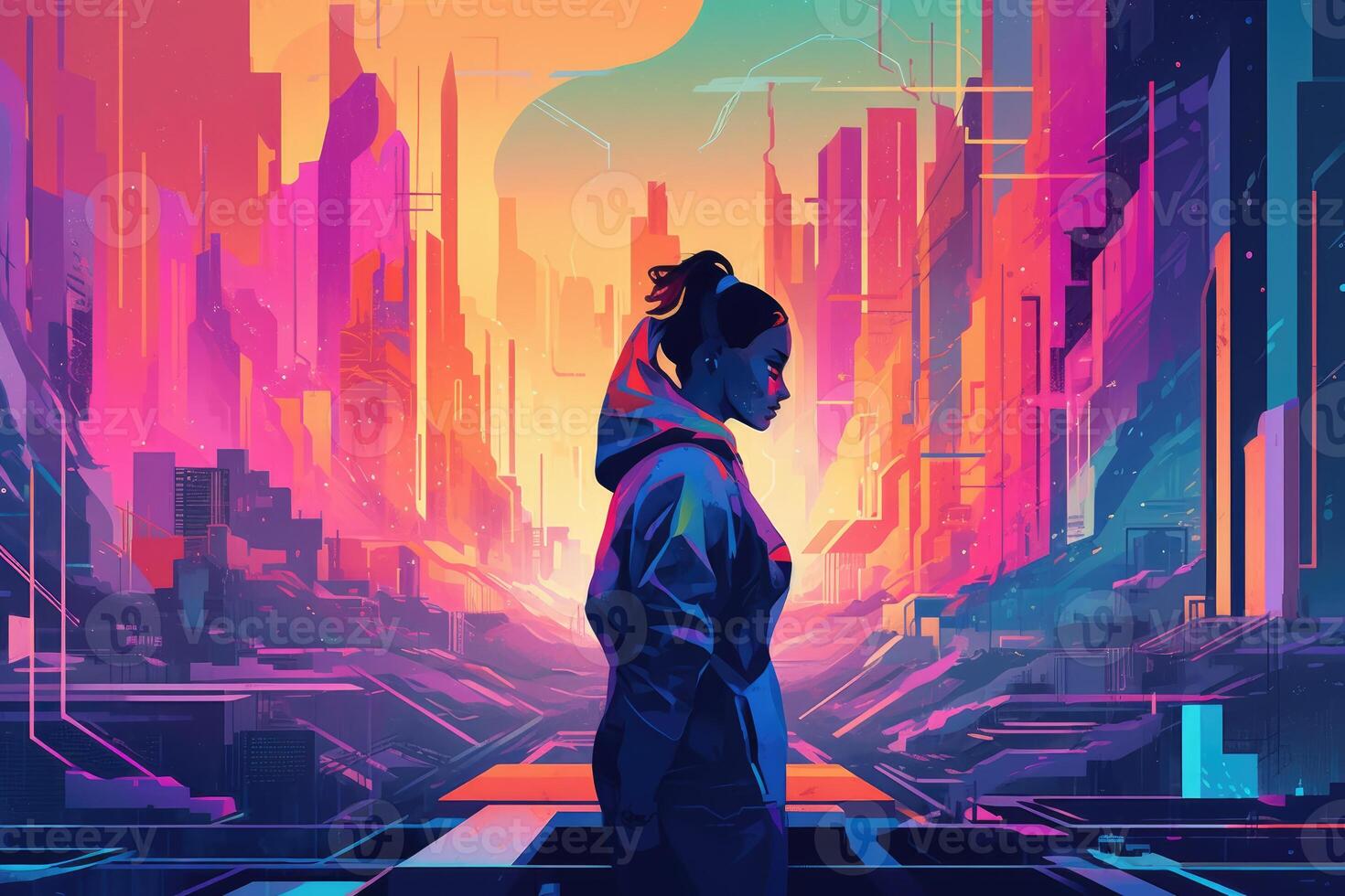 Abstract and retro futuristic robot woman illustration with multiple color laser neon effect. photo