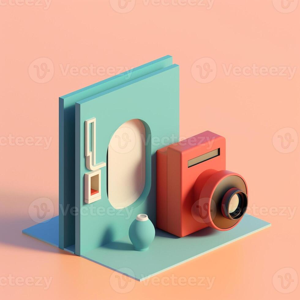Camera and geometric objects in trending color palette for advertising with photo