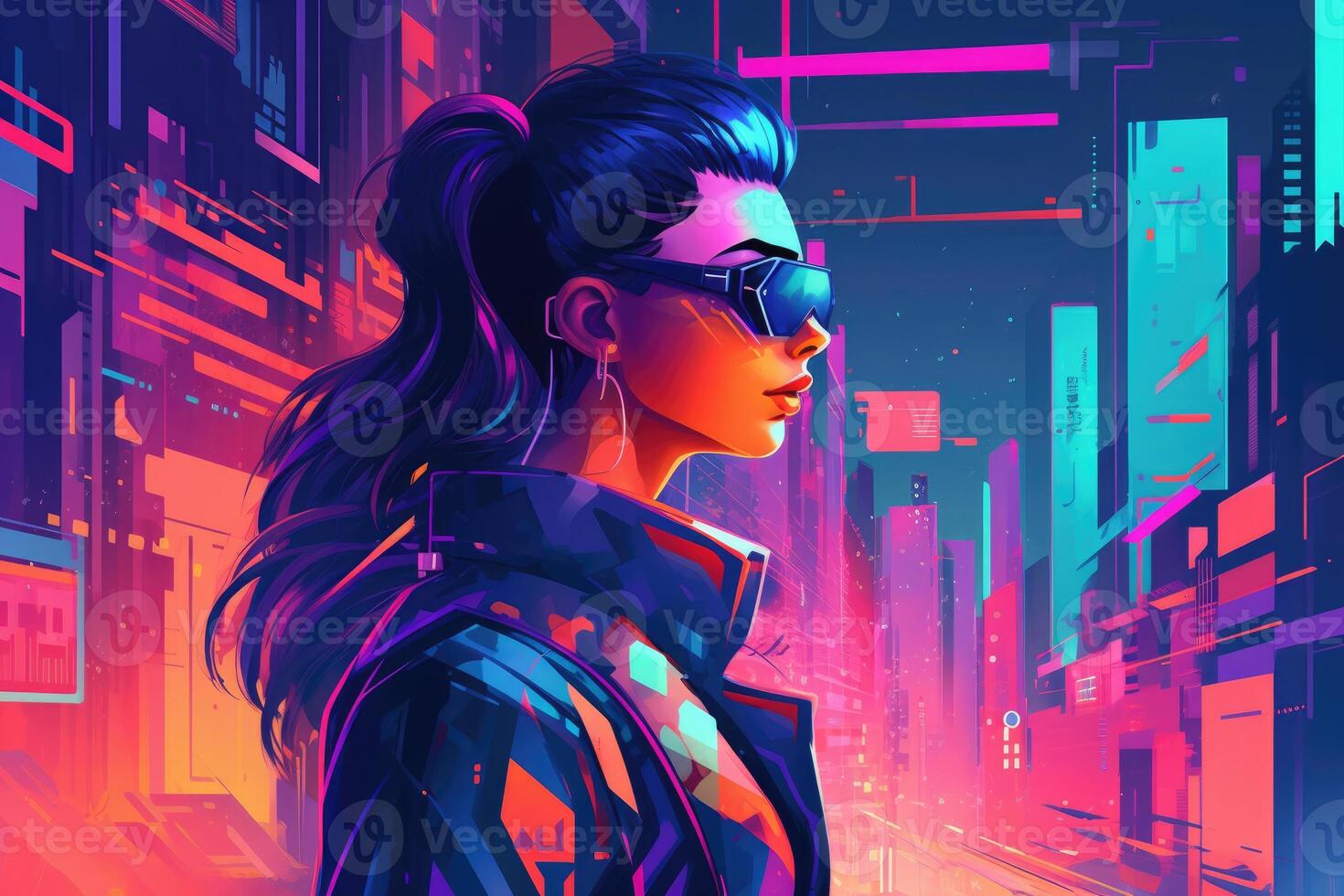 Abstract and retro futuristic robot woman illustration with multiple color laser neon effect. photo