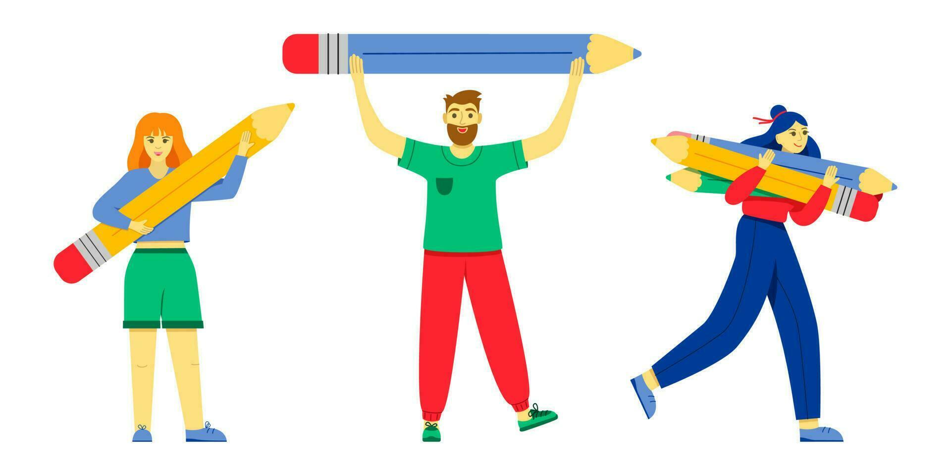 Cute students standing with large pencils. Young people holding big pencils. Concept of education, copywriting, creativity, content manager, blogging, drawing, training. Flat funny isolated characters vector