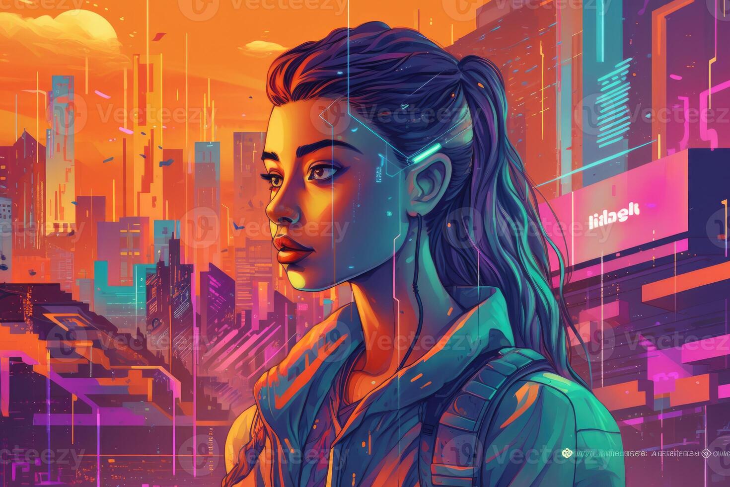 Abstract and retro futuristic robot woman illustration with multiple color laser neon effect. photo