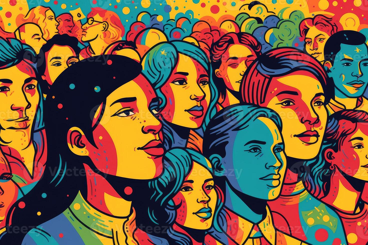 Illustration of lgbtq members protest for Pride month with photo