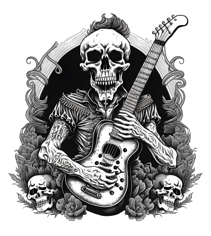 fantasma cráneo jugando guitarra, adecuado para impresión diseño, tal como camisetas, pegatinas, etc, generativo ai png