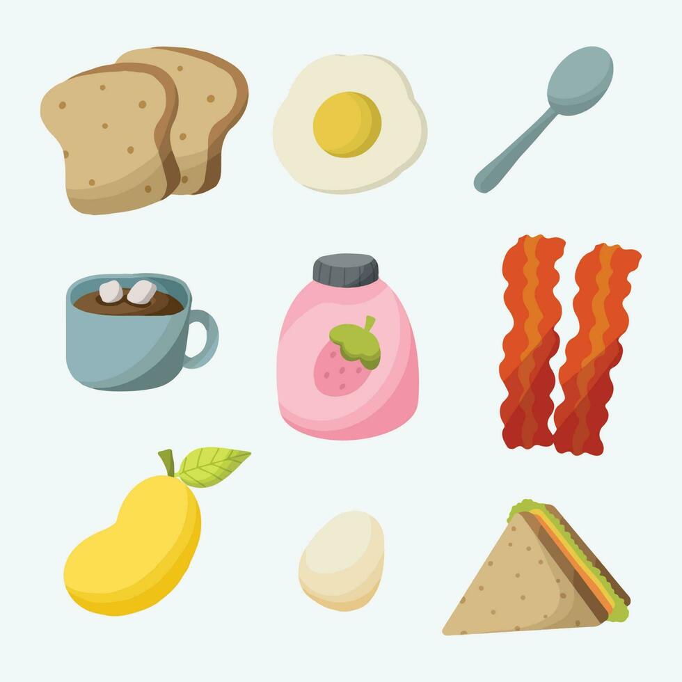 linda un pan huevos y emparedado desayuno íconos colección vector