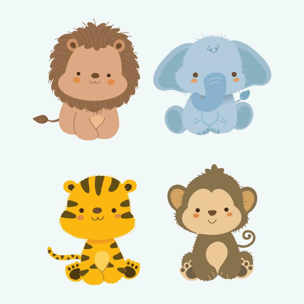 Cute Lion Elephant Tiger and Monkey Safari Animals Collection Vector