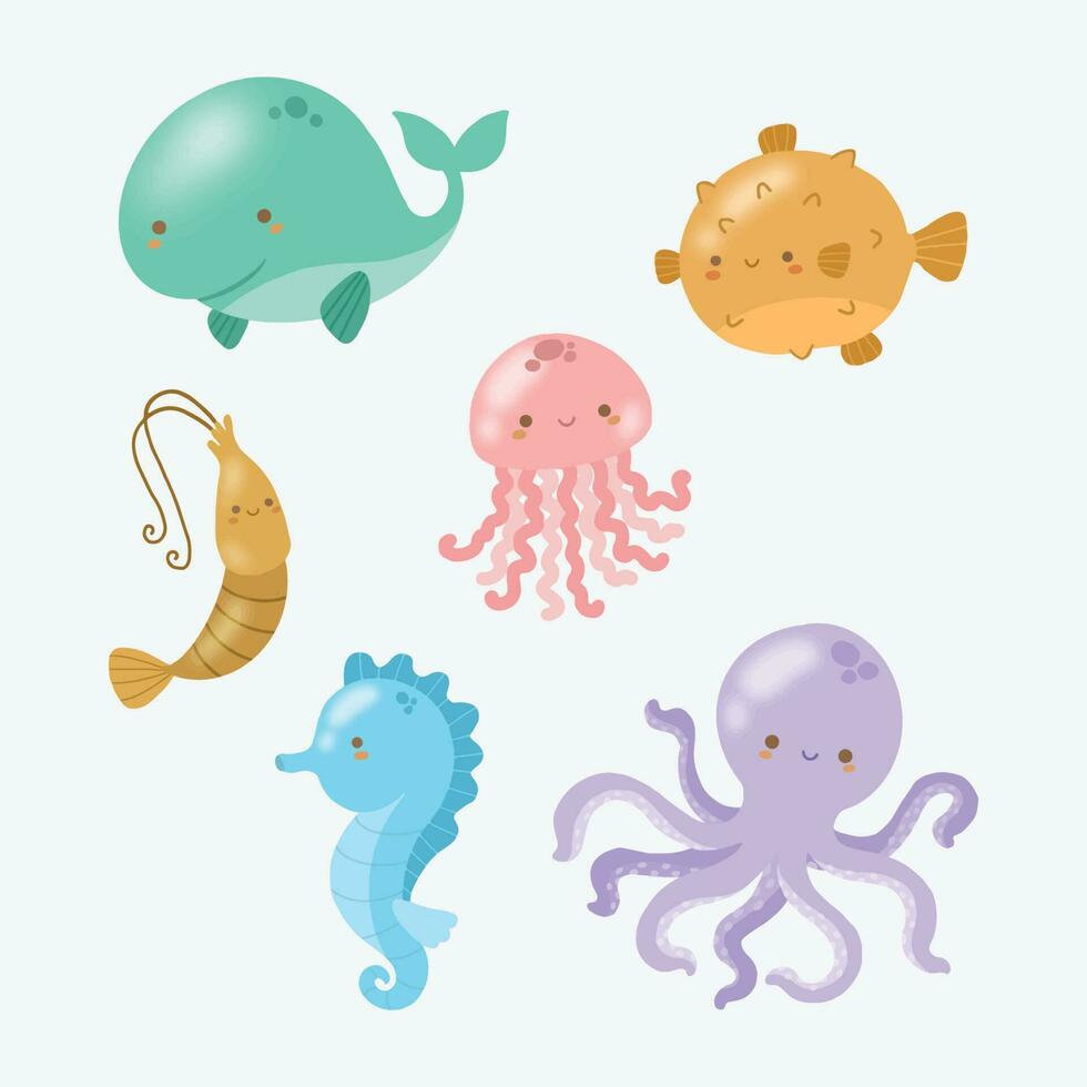 Cute Sea Animals and Creatures Collection Vector