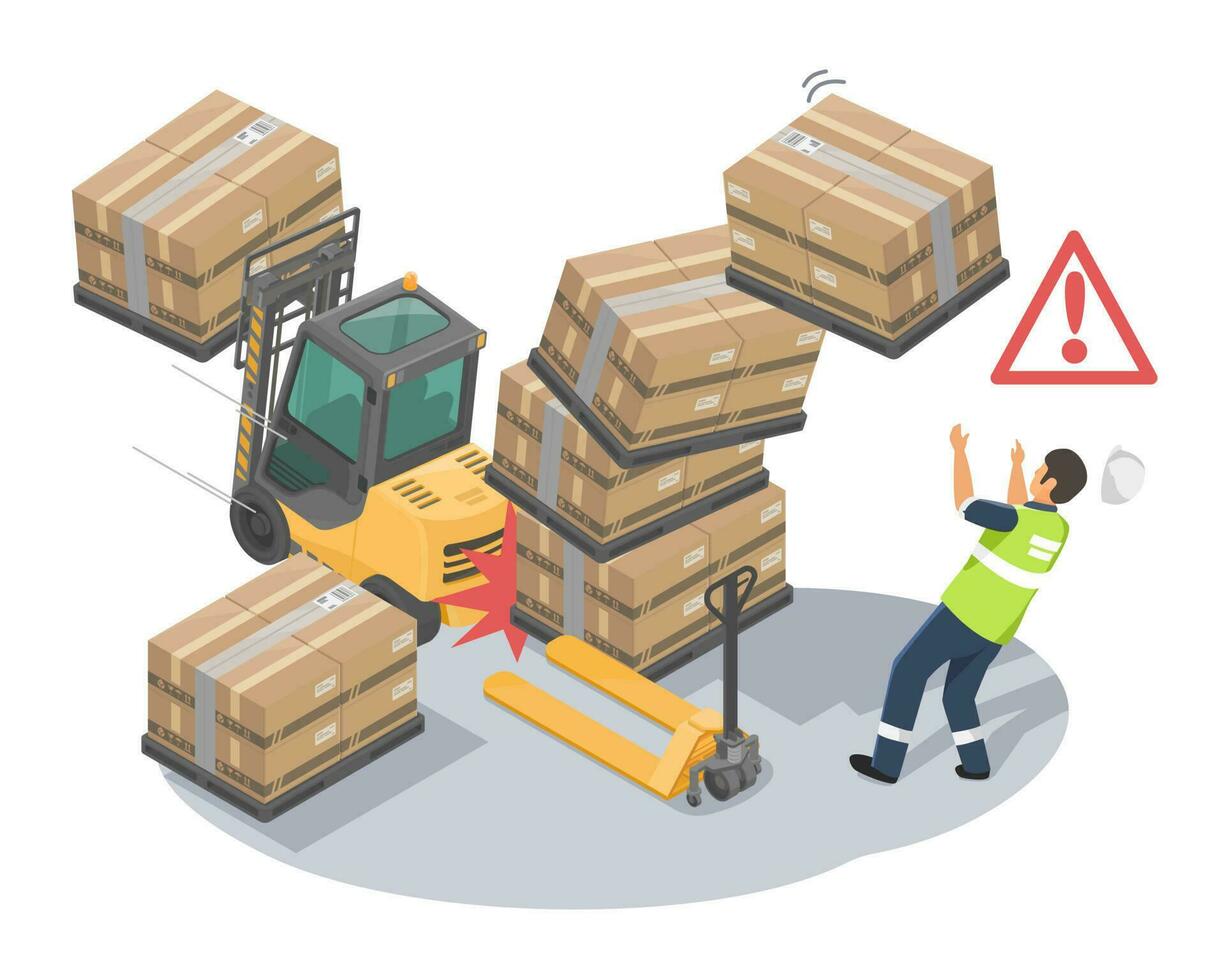 Accident in warehouse careless forklift crash pallet goods employee risk working need insurance isometric isolated vector