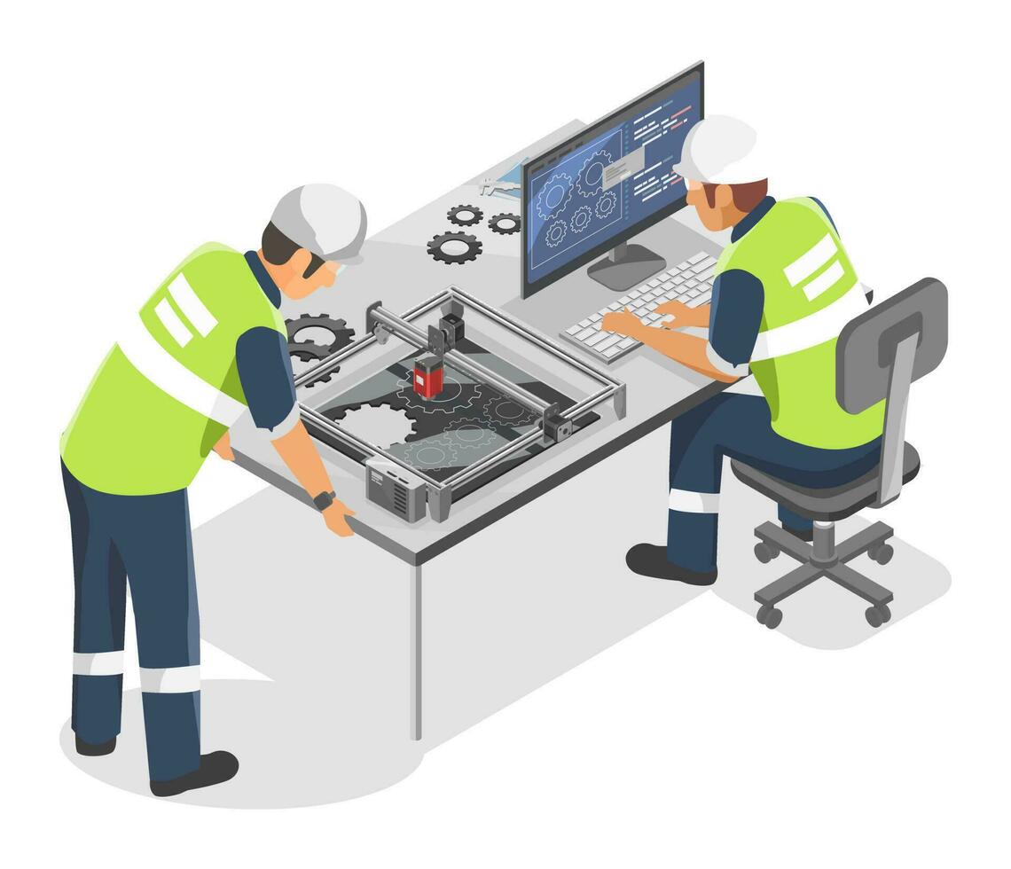 ingeniero trabajando utilizar grabador industrial concepto mini cnc máquina en r y re investigación y desarrollo habitación a construir prototipo producción aislado isométrica dibujos animados vector