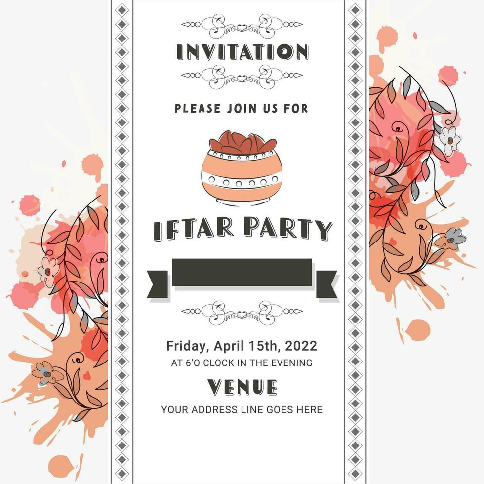 Iftar Party Invitation Card With Watercolor Effect And Floral Decorated On White Background. vector