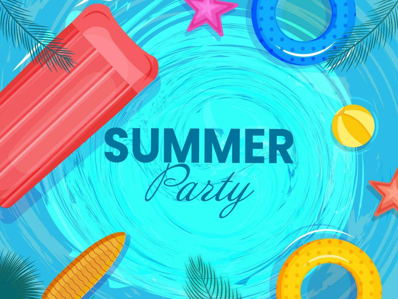 Summer Party Lettering With Top View Of Inflatable Water Bed, Lifebuoy, Beach Ball, Star, Surfboard And Palm Leaves On Blue Brush Stroke Background. vector