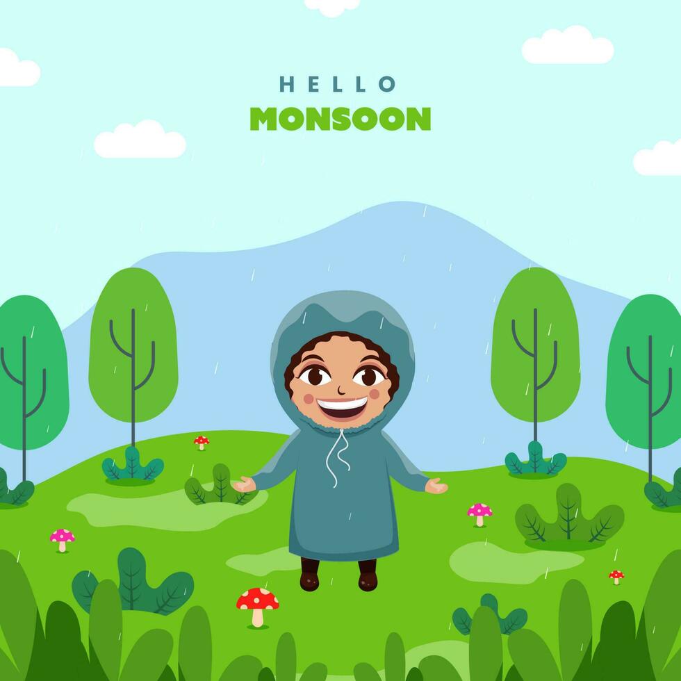 Hello Mushroom Concept With Cheerful Boy Wearing Raincoat On Natural Rainfall Background. vector