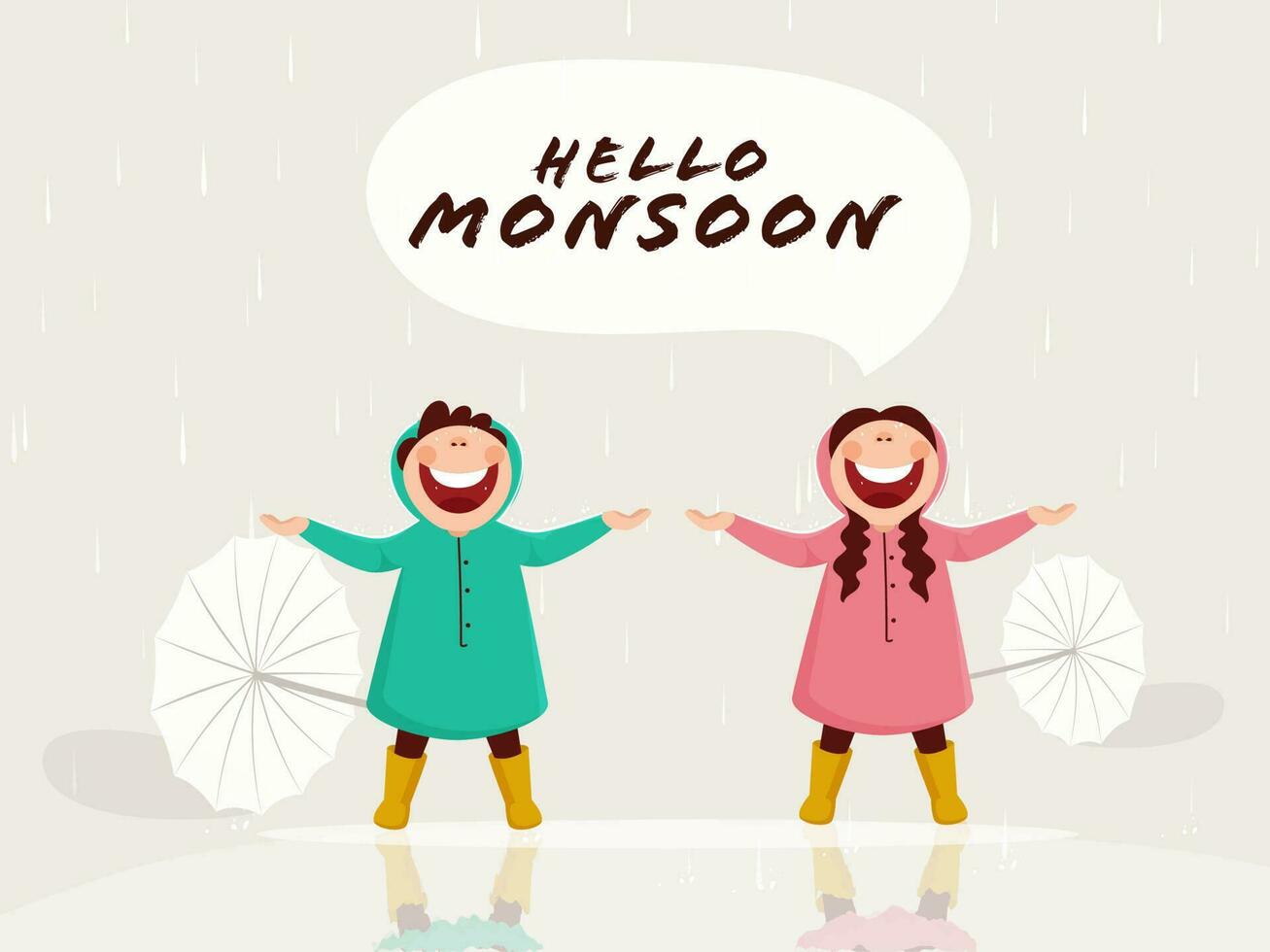 Hola monzón póster diseño con alegre niños disfrutando lluvia y paraguas en gris antecedentes. vector