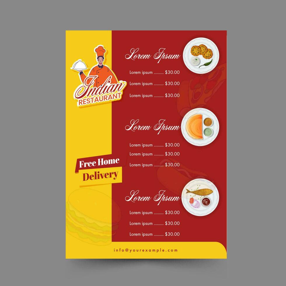 Indian Restaurant Menu Card Template With Free Home Delivery In Yellow And Red Color. vector