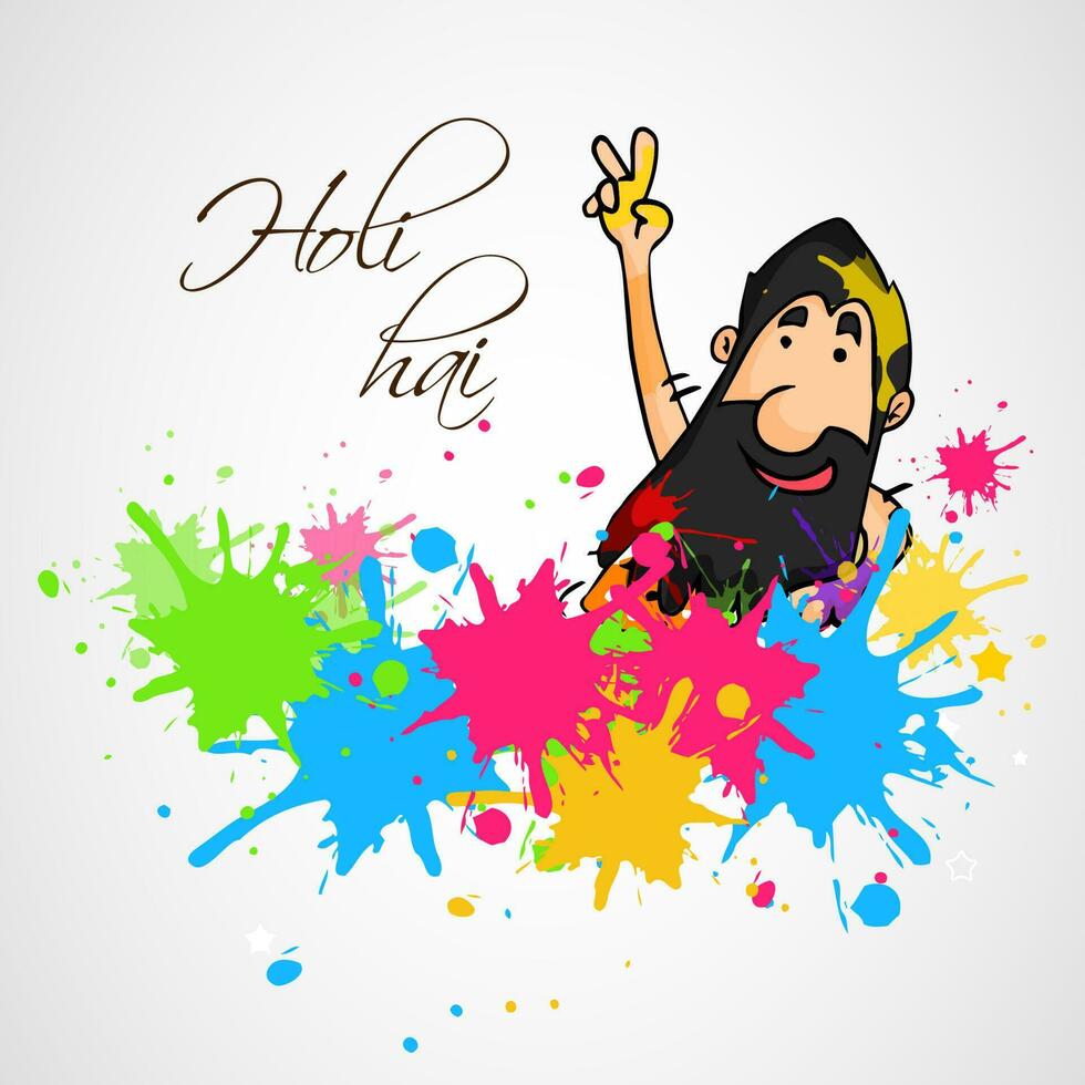 Indian festival of colours, Happy Holi concept with a man showing peace sign and watercolours stains against white background with text It's Holi. vector