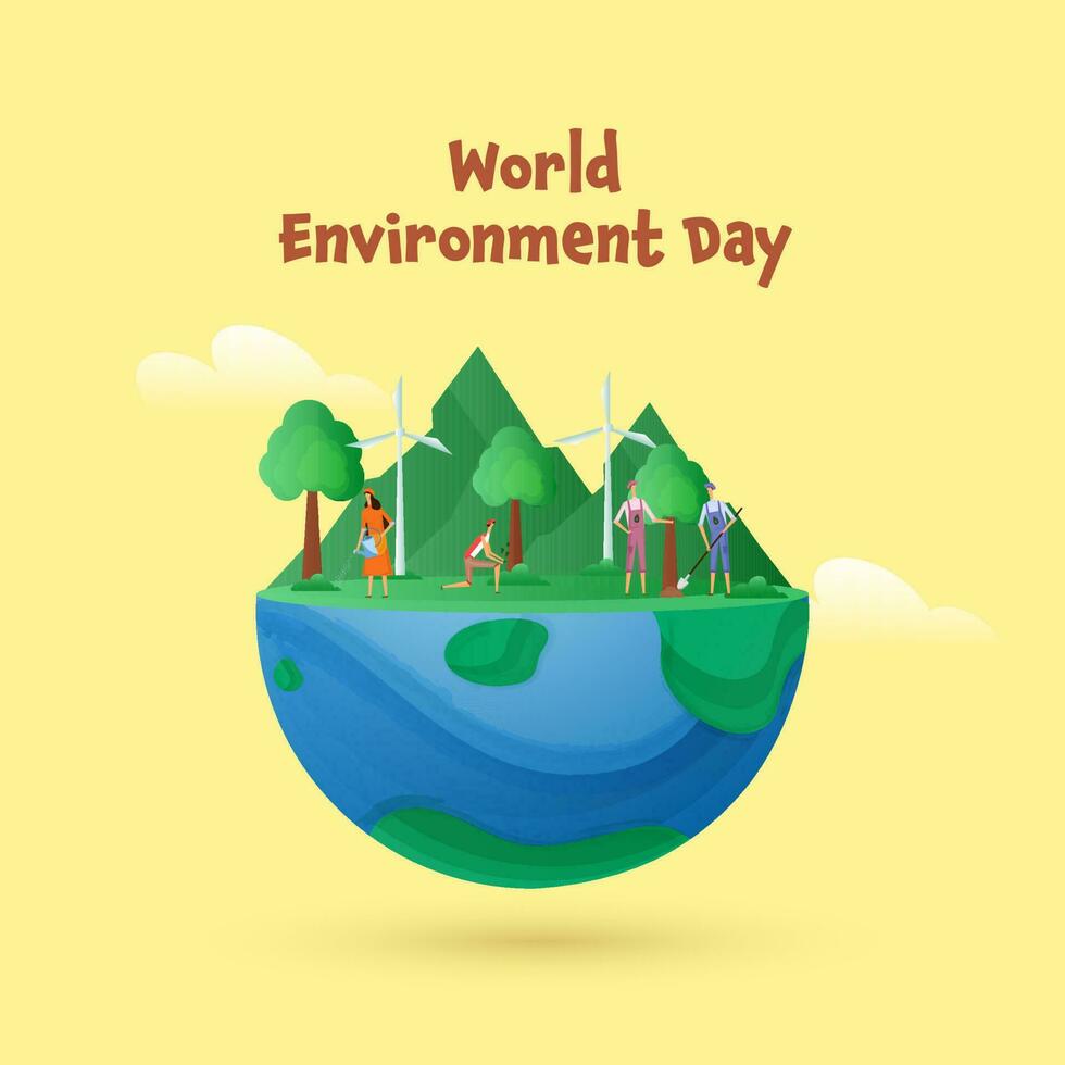 World Environment Day Concept With Cartoon People Gardening On Glossy Half Globe Against Yellow Background. vector