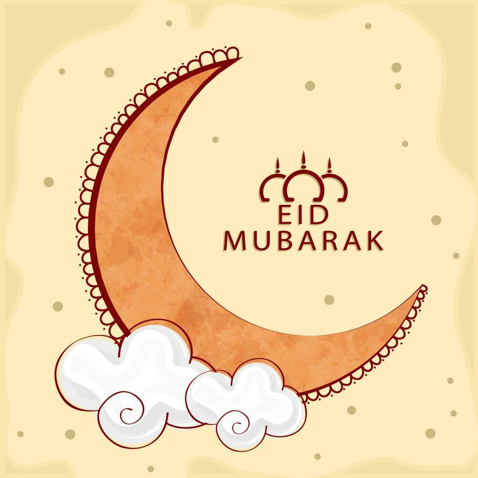 eid Mubarak fuente con línea Arte mezquita, nubes y creciente Luna en pastel marrón antecedentes. vector