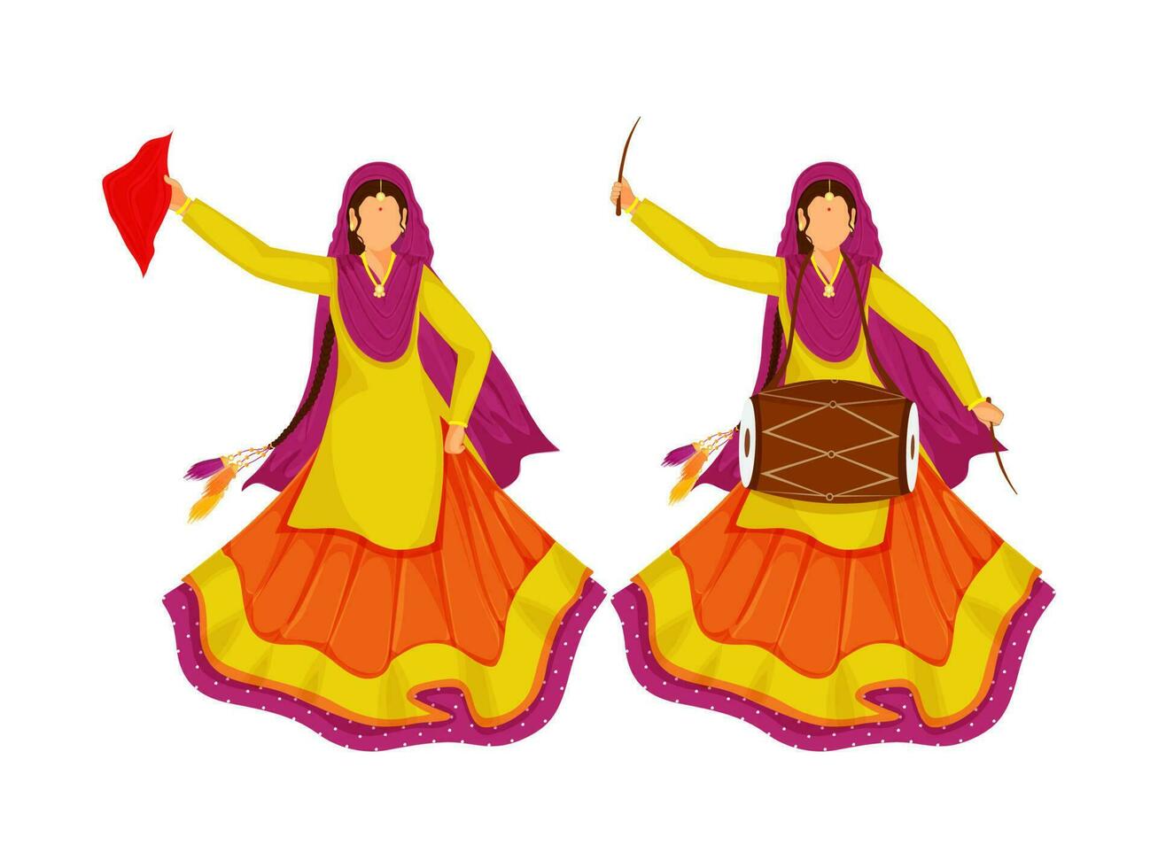 joven punjabi mujer haciendo bhangra danza con tambor en blanco antecedentes. vector